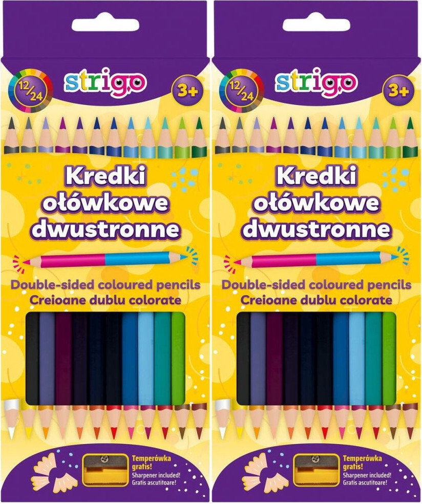 2x Kredki ołówkowe Strigo, dwustronne, trójkątne, 12 sztuk/24 kolory+ temperówka
