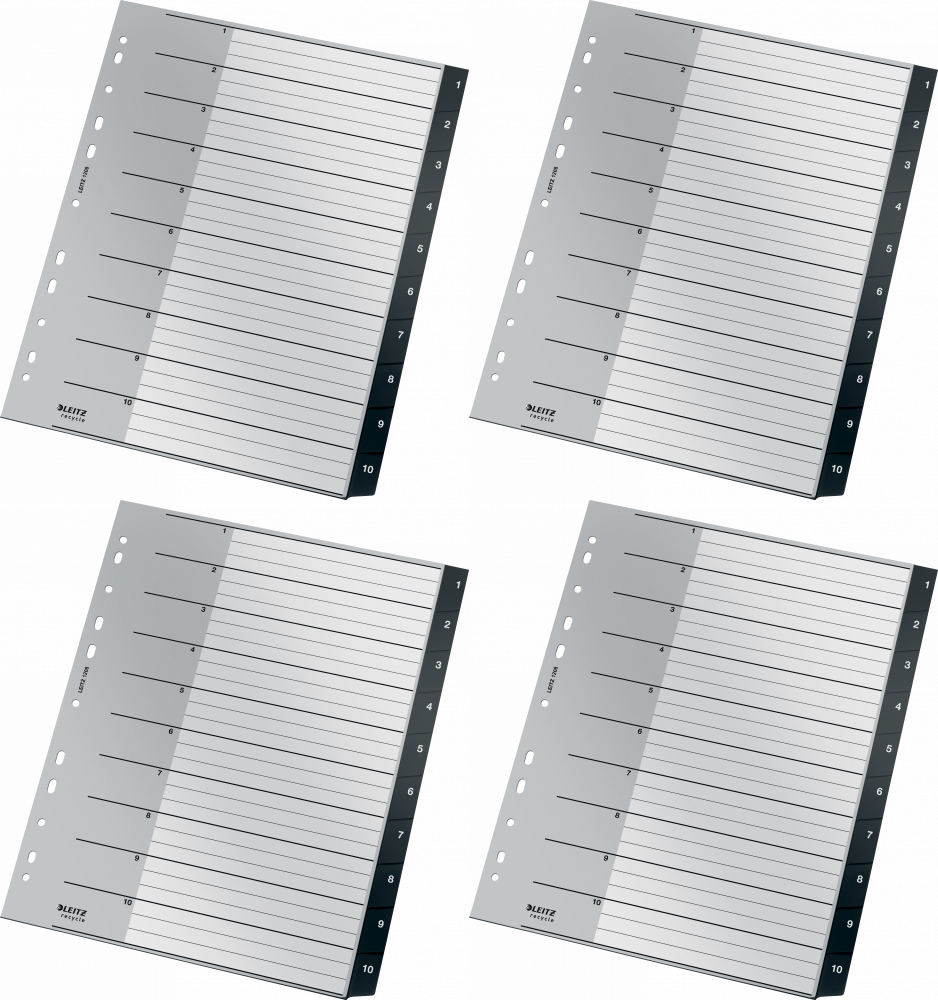 4x Przekładki do segregatora Leitz Recycle, plastikowe, numeryczne, A4 maxi, 1 - 10 kart