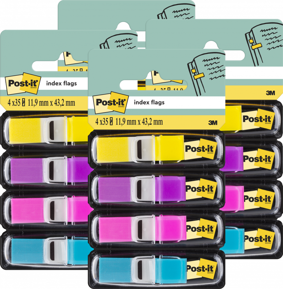 4x Zakładki samoprzylepne Post-it proste, indeksujące, folia, półtransparentne, 11.9x43.1mm, 4x35 sztuk, mix kolorów neonowych