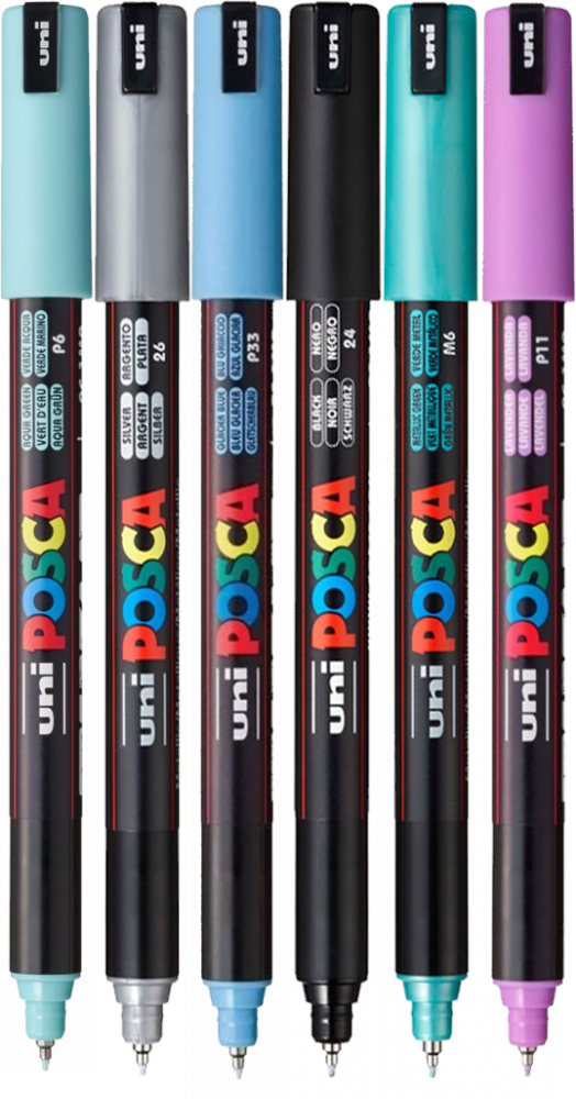 Zestaw 6x Marker z farbą plakatową Posca PC-1MR, 0.7mm, mix (zielony metallic, pastelowy lawendowy, pastelowy niebieski, pastelowy morski, srebrny, 