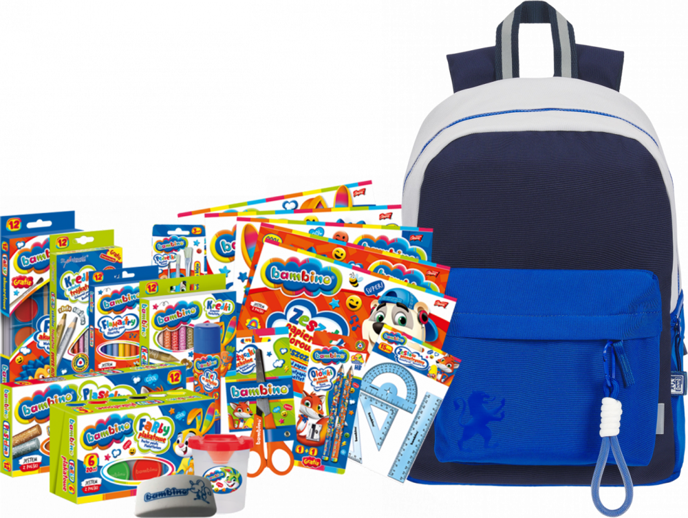 Zestaw: Plecak szkolny Oxford Funky, niebiesko-granatowy + Wyprawka szkolna Bambino, 18-elementów