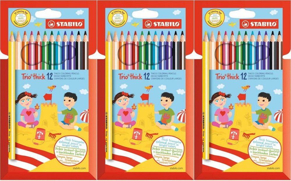 3x Kredki ołówkowe trójkątne Stabilo Trio thick, grube, 12 sztuk, mix kolorów