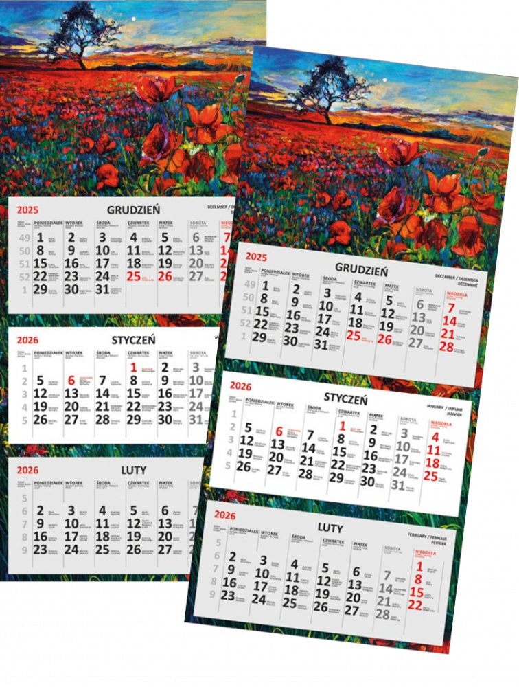 2x Kalendarz ścienny 2026, Udziałowiec, trójdzielny, 310x660mm, płaski, pejzaż