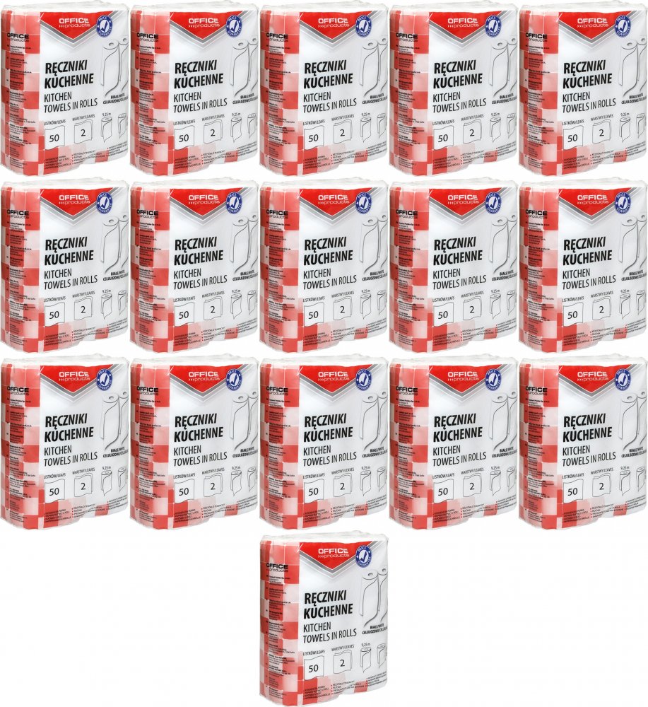 16x Ręcznik papierowy kuchenny Office Products, 2-warstwowy, w roli, 2x9.25m, 2 rolki, biały