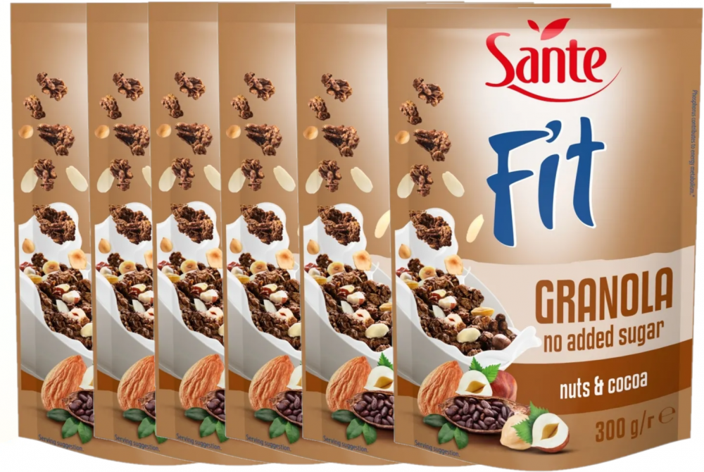 6x Granola Sante Fit, orzechy/kakao, bez cukru, 300g