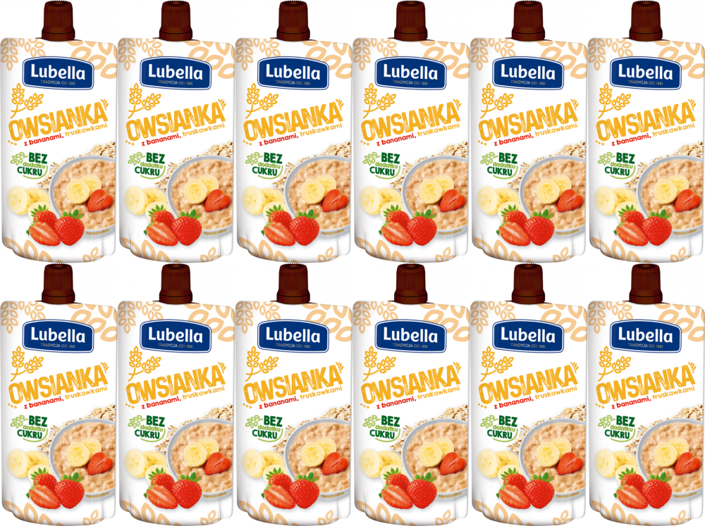12x Mus owsianka Lubella, truskawka, banan, bez cukru, 100g