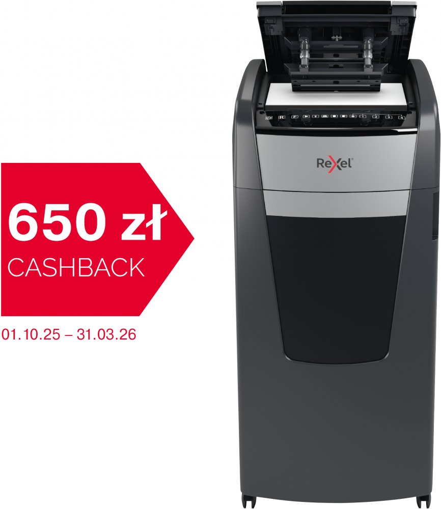 Niszczarka automatyczna Rexel Optimum AutoFeed+ 600X, konfetti 4x28 mm, 600 kartek, P-4 DIN, czarno-srebrny