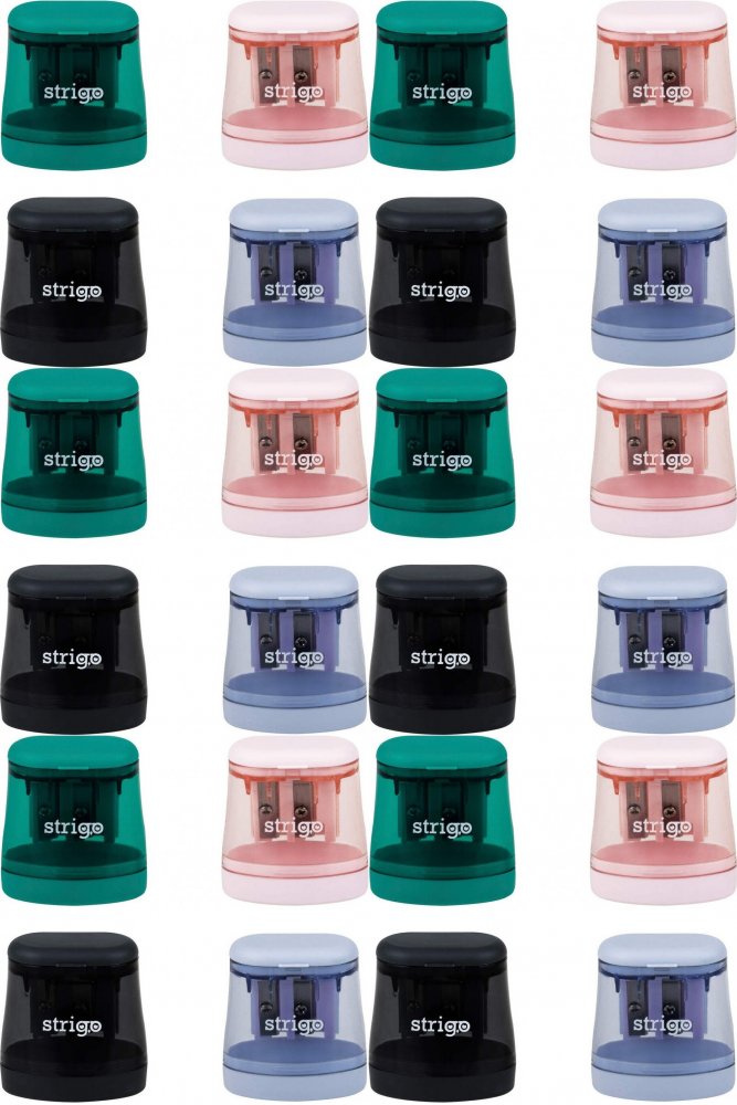 24x Temperówka Strigo, z pojemnikiem, 2 otwory, mix kolorów