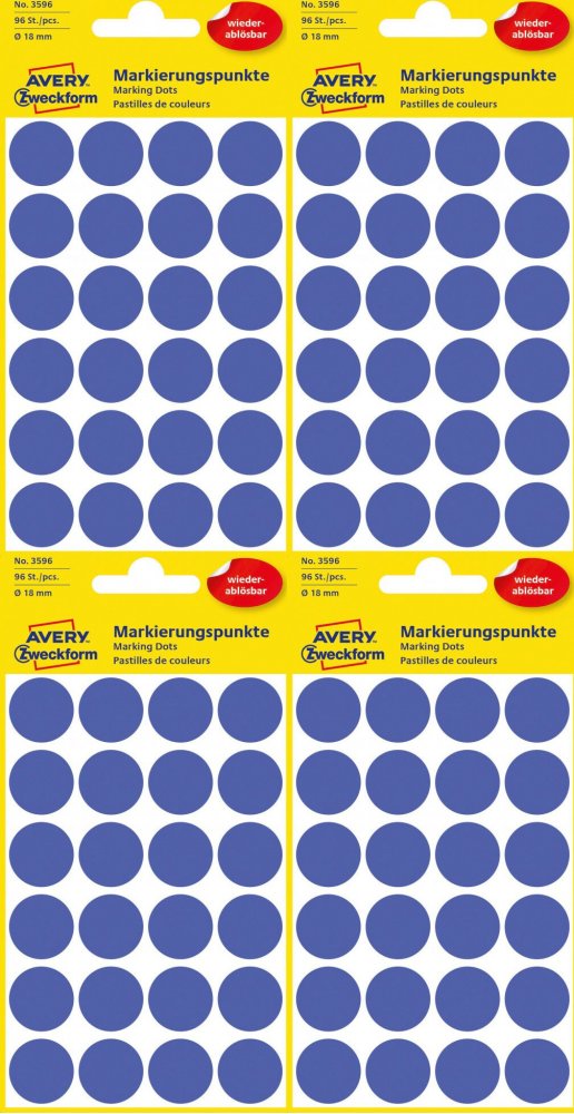 4x Etykiety usuwalne Avery Zweckform, okrągłe, średnica 18mm, 4 arkusze, 96 sztuk, niebieski