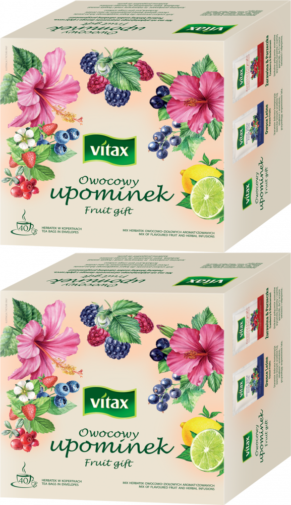 2x Zestaw herbat owocowo-ziołowych w kopertach Vitax Owocowy Upominek, 4 smaki, 40 sztuk x 2g