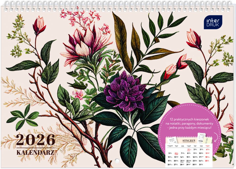 Kalendarz ścienny 2026, Interdruk, z kieszonką, 25x17.5cm, miesięczny, Kwiaty