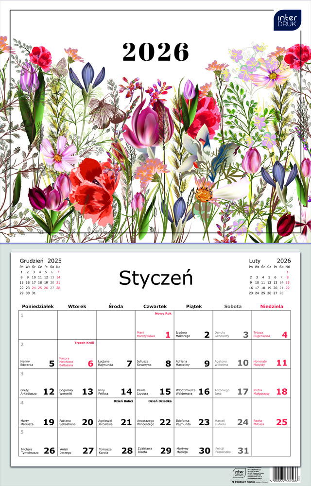 Kalendarz ścienny 2026, Interdruk, jednodzielny, 32x50cm, Kwiaty