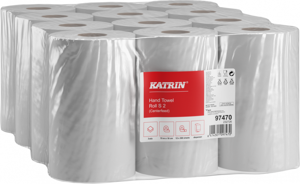 Ręcznik papierowy Katrin Classic S 97470, 2-warstwowy, w roli, 12x75m, 12 rolek, biały