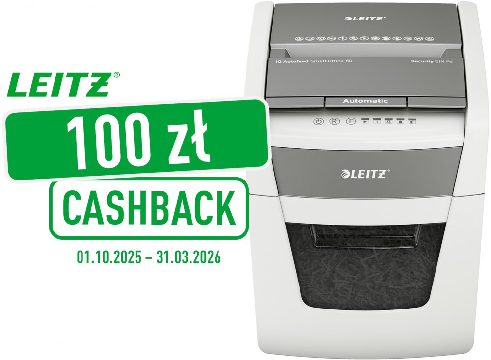 Niszczarka automatyczna Leitz IQ Small Office 50X, konfetti 4x28mm, 50 kartek, P-4 DIN, biało-szary