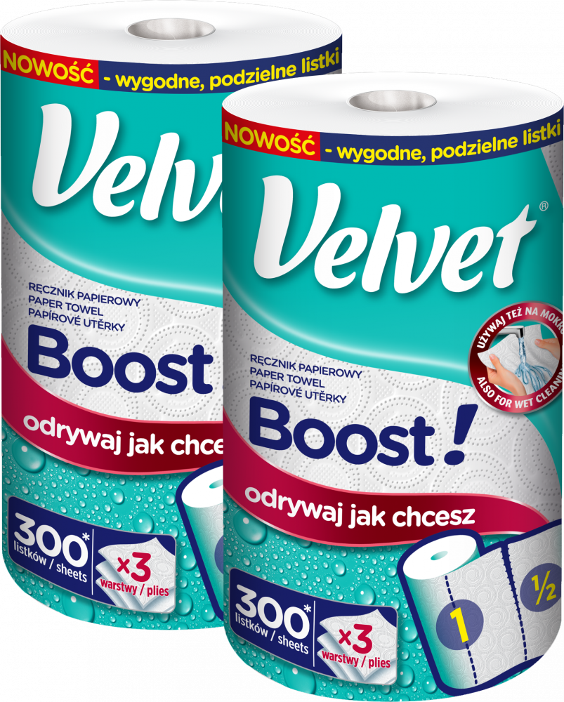 2x Ręcznik papierowy Velvet Boost, 3-warstwowy, w roli, 1 rolka, biały