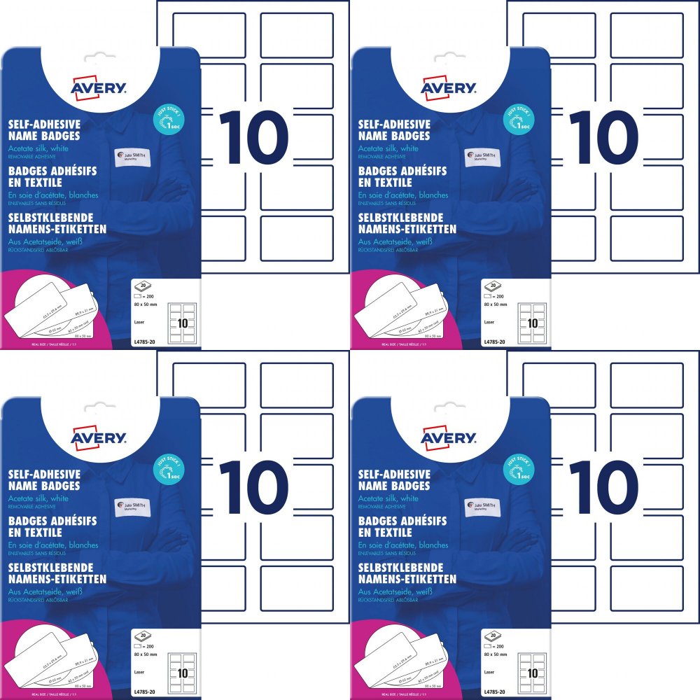 4x Identyfikator Avery Zweckform, samoprzylepny, 80x50mm, 20 arkuszy, biały