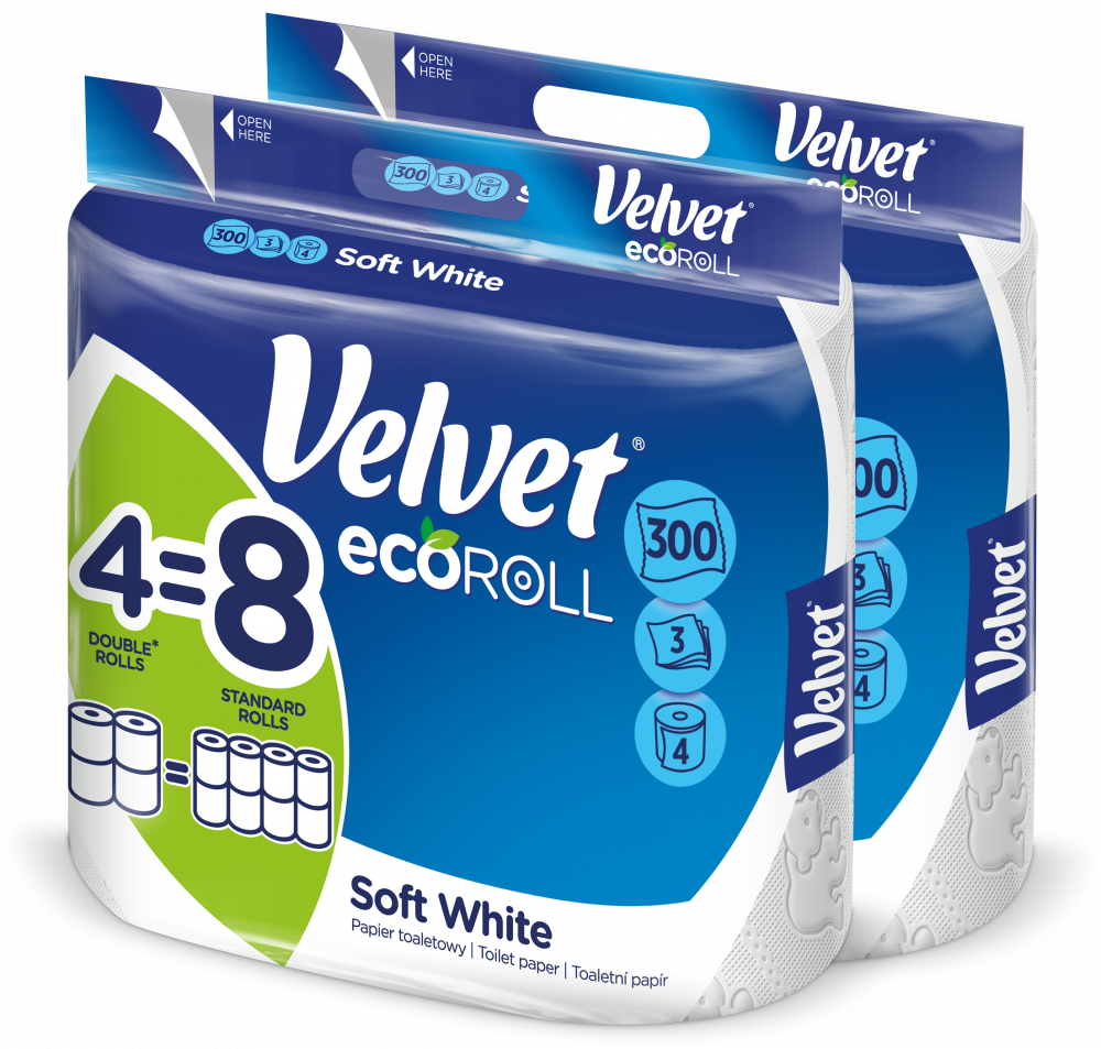 2x Papier toaletowy Velvet EcoRoll, 3-warstwowy, 4 rolki, biały