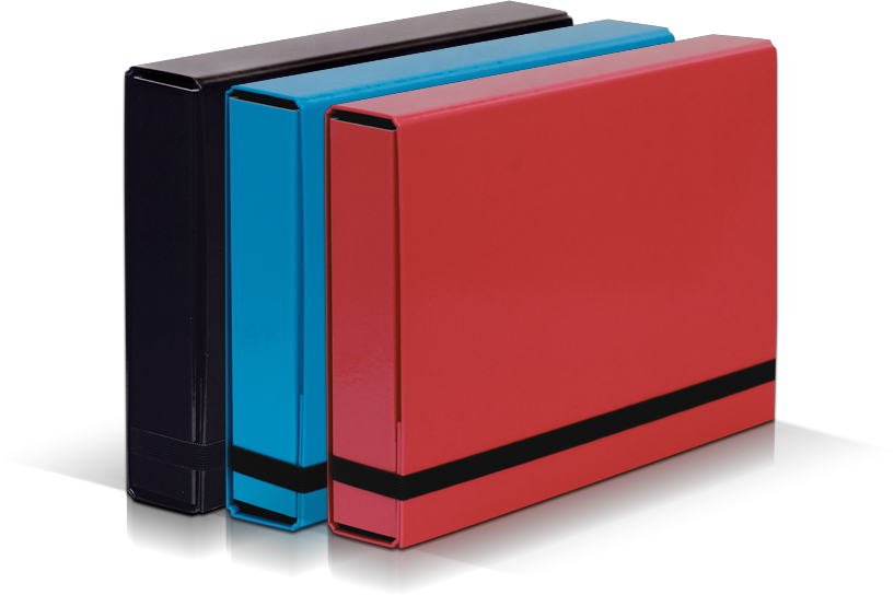 Zestaw: 3x Teczka kartonowa z gumką VauPe Box Caribic, A4, 50mm, czarny, niebieski, czerwony