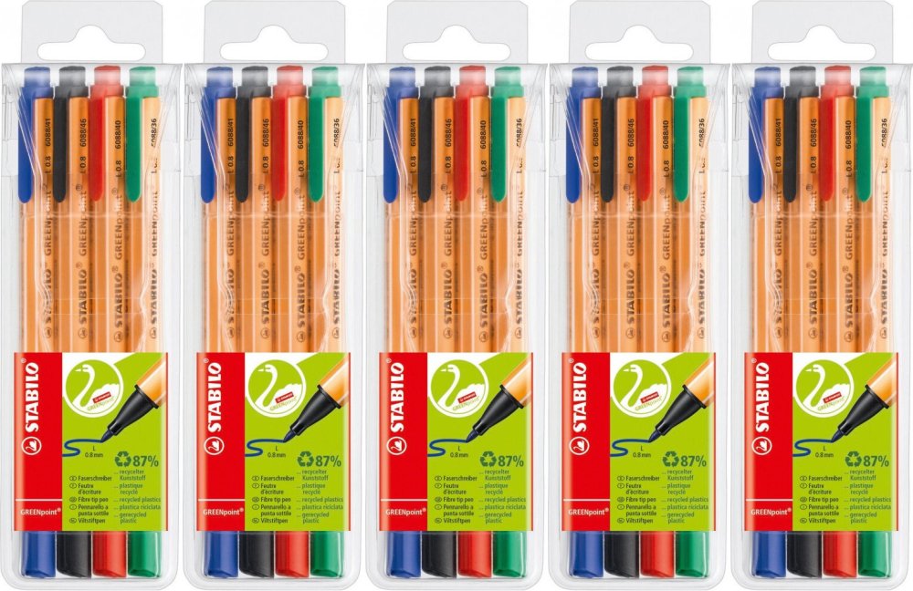 5x Cienkopis Stabilo Green Point, 0.8 mm, w etui, 4 sztuki, mix kolorów
