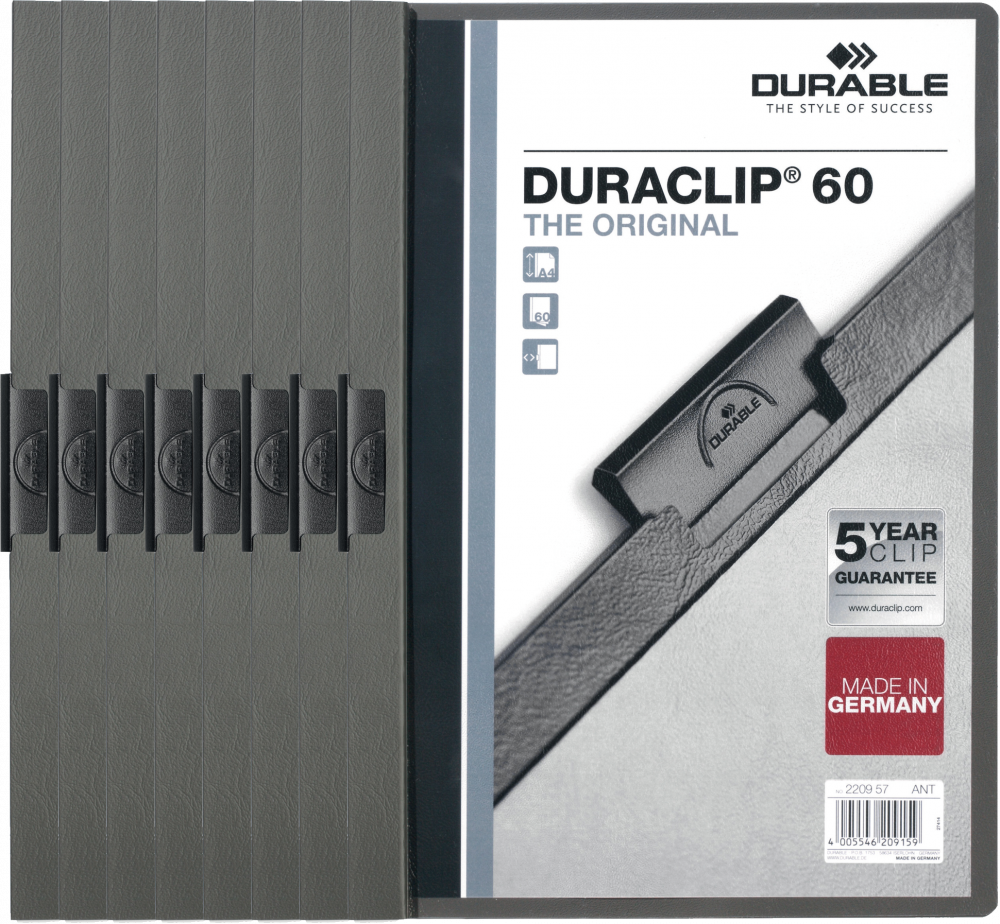 8x Skoroszyt plastikowy z klipsem Durable DuraClip, A4, do 60 kartek grafitowy