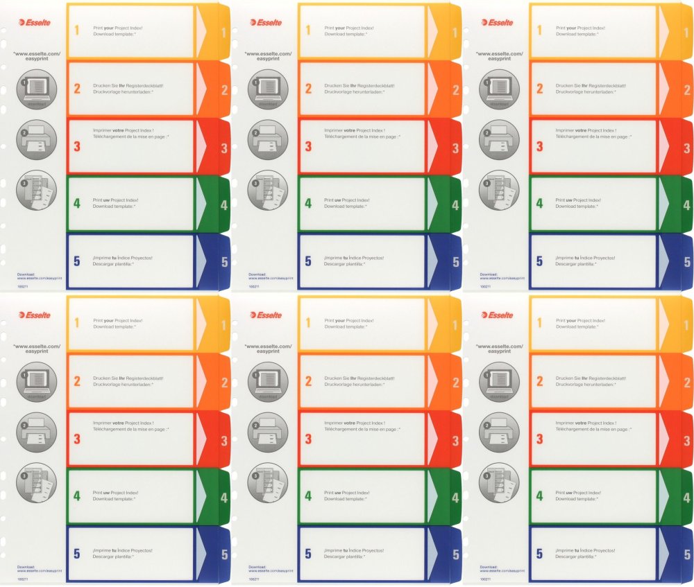 6x Przekładki do segregatora Esselte Maxi, plastikowe, numeryczne, do zadruku, A4, 1-5 kart, mix kolorów