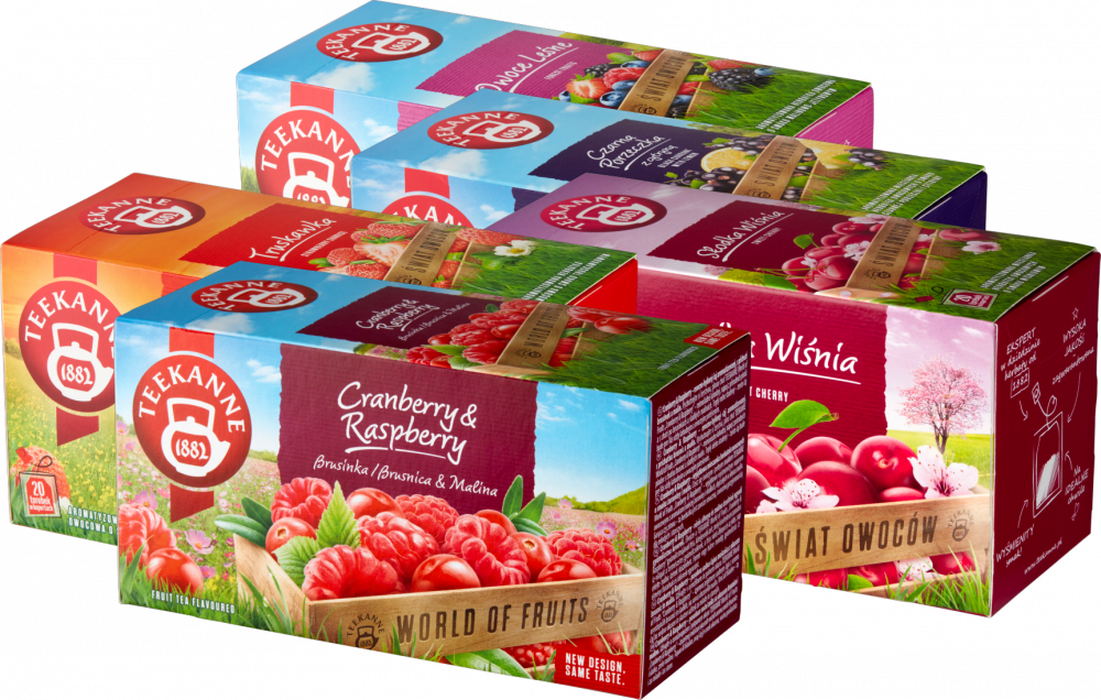Zestaw herbat owocowych Teekanne: żurawina i malina + wiśnia + owoce leśne, + czarna porzeczka z cytryną + truskawka, 100 sztuk x 2.5g