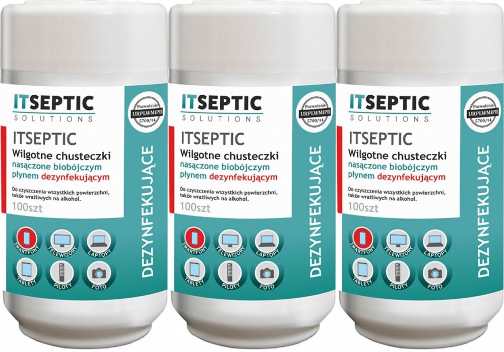 3x Chusteczki czyszcząco-dezynfekujące Itseptic, do powierzchni i sprzętu, 9x13.5 cm, 100 sztuk