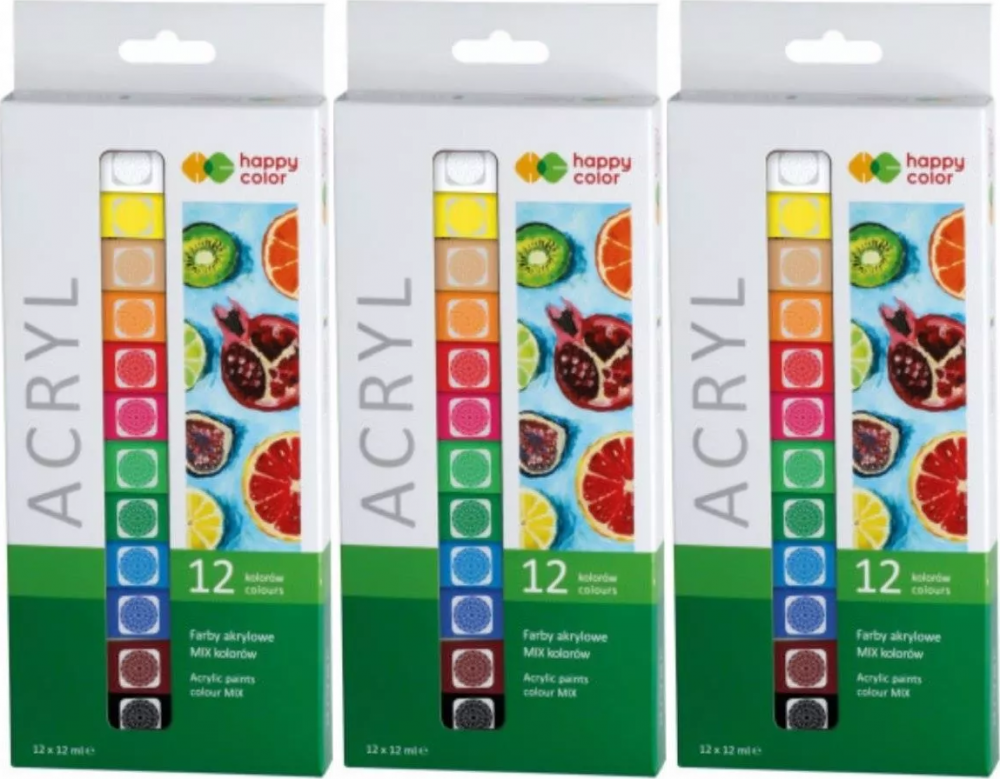 3x Farba akrylowa Happy Color, 12ml, 12 sztuk, mix kolorów