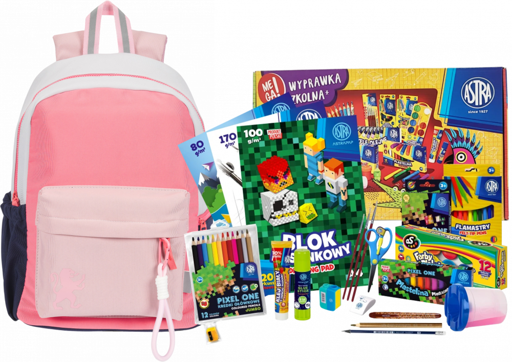 Zestaw: Plecak szkolny Oxford Funky, malinowo-szary + Wyprawka szkolna dla klas 1-3 Astra Pixel One (L), 21 elementów