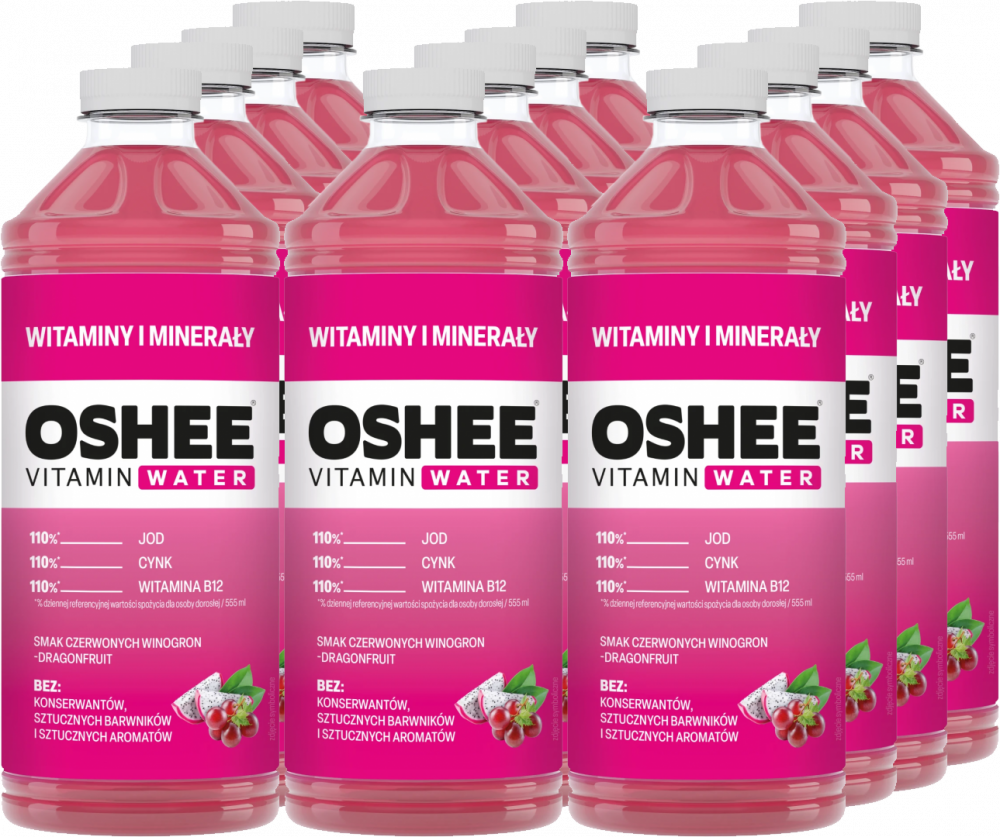 12x Napój niegazowany Oshee Vitamin Water witaminy i minerały, winogrono i dragonfruit, butelka PET, 1.1l
