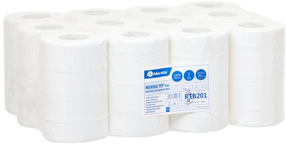 12x ręcznik papierowy Merida Top, 2-warstwowy, 70m, w roli, 1 rolka, biały