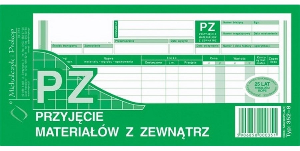 Druk akcydensowy PZ Przyjęcie materiałów z zewnątrz MiP 352-8, 1/3 A4, wielokopia, 80k