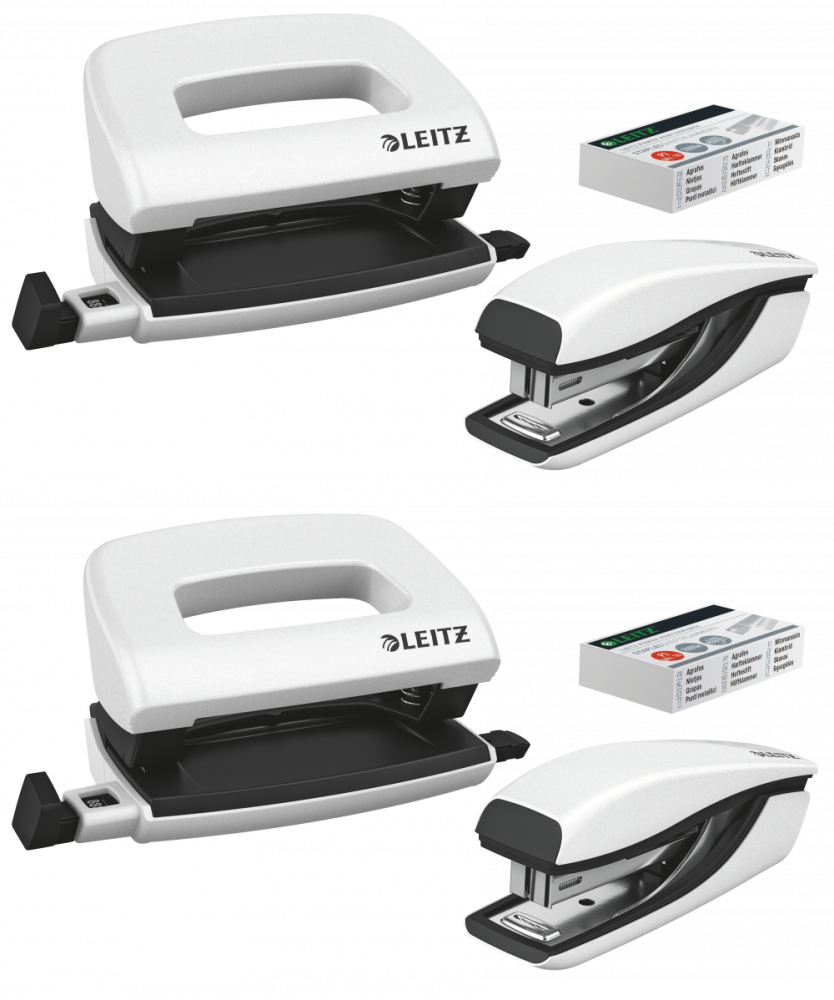 2x Zestaw zszywacz i dziurkacz Leitz Mini NeXXt Wow, metalowy, biały