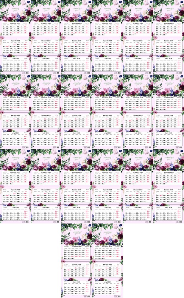 20x Kalendarz ścienny 2026, Interdruk, trójdzielny, 34x82.5cm, Kwiaty