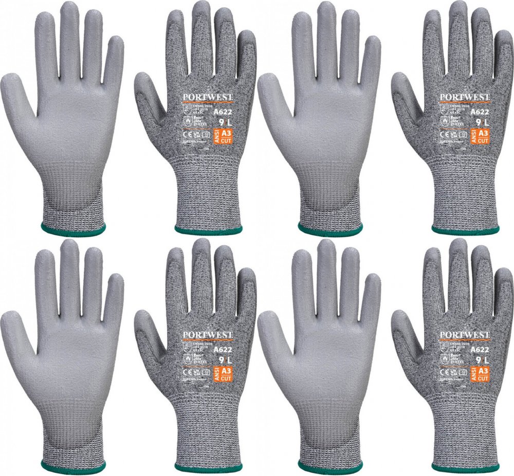 4x Rękawice robocze PU Portwest A622, antyprzecięciowe, powlekane, rozmiar L, szary