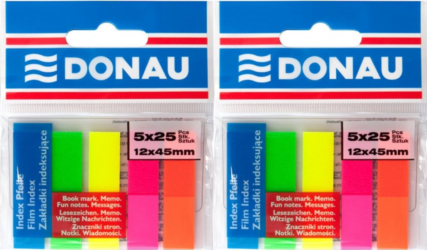 2x Zakładki samoprzylepne Donau, proste, indeksujące, folia, 12x45mm, 5x25 sztuk, mix kolorów neonowych