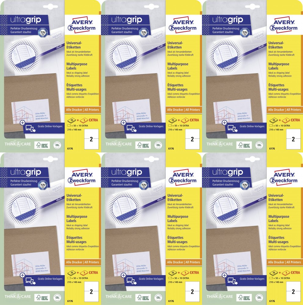 6x Etykiety samoprzylepne Avery Zweckform, 210x148mm, 25 arkuszy + 5 gratis, biały