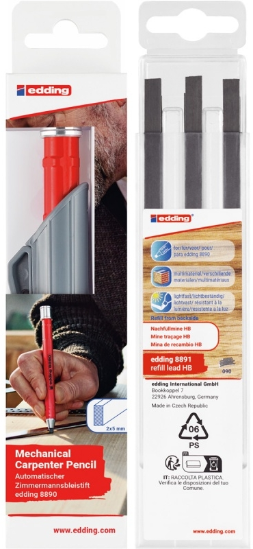 Zestaw: Ołówek stolarski mechaniczny edding e-8890, HB, blister + Wymienne wkłady edding e-8891, do ołówka e-8890, HB, 6 sztuk