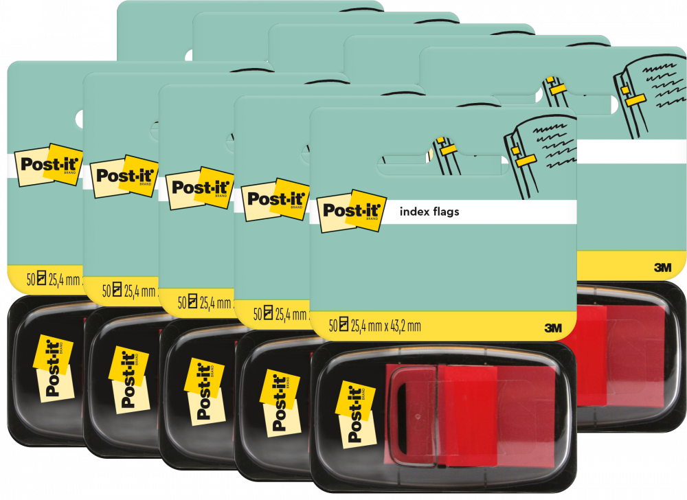 12x Zakładki samoprzylepne Post-it proste, indeksujące, folia, półtransparentne, 25x43mm, 1x50 sztuk, czerwony