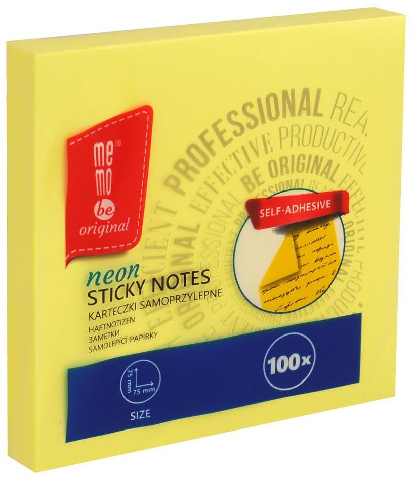 Karteczki samoprzylepne MemoBe, 75x75mm, 100 karteczek, neonowy żółty