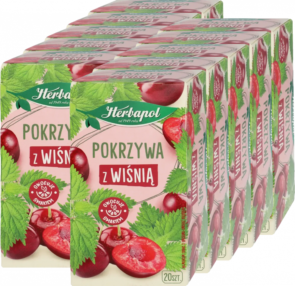 10x Herbata ziołowo-owocowa w torebkach Herbapol, pokrzywa z wiśnią, 20 sztuk