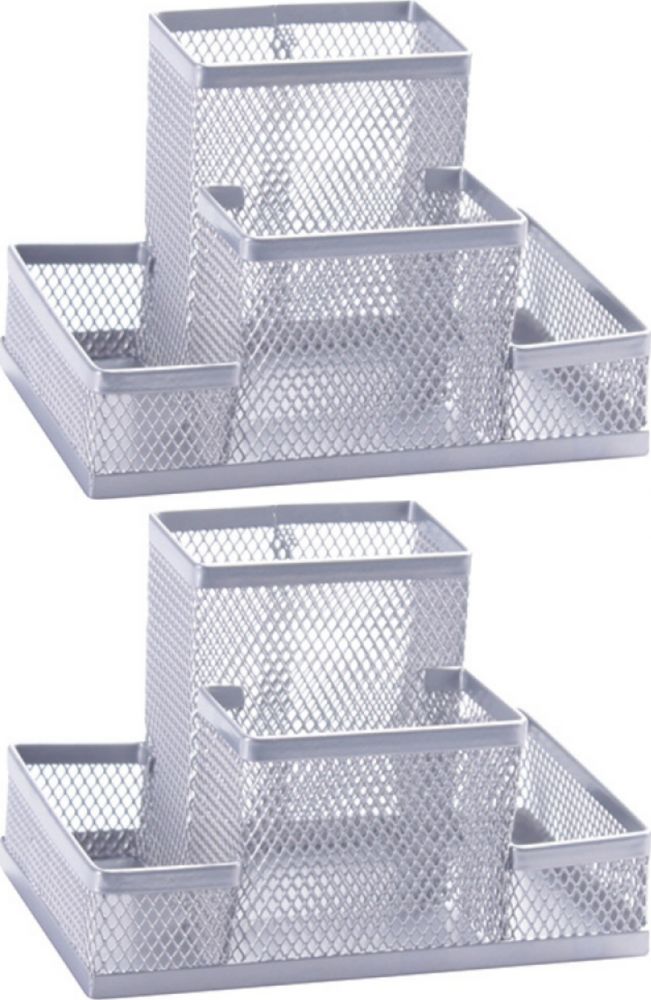 2x Przybornik na biurko Q-Connect Office Set, bez wyposażenia, metalowy (druciany), 4 przegrody, 153x103x100mm, srebrny