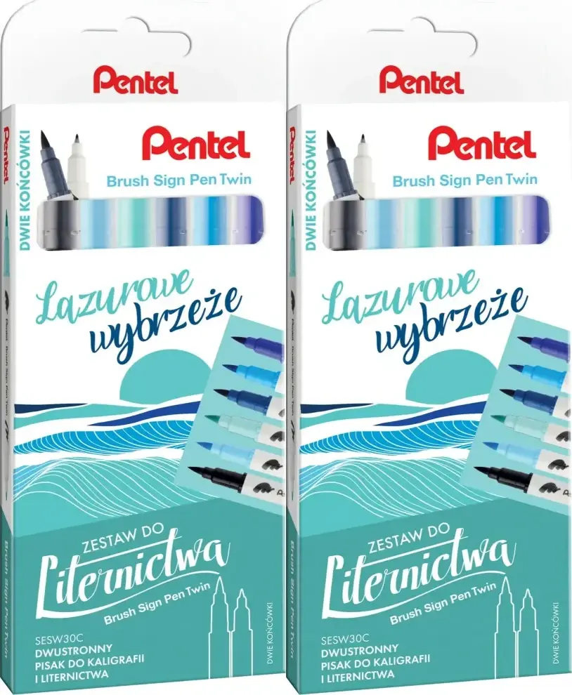 2x Pisaki do kaligrafii i liternictwa Pentel Brush Sign Pen Twin SESW30C Lazurowe Wybrzeże, dwustronne, 6 sztuk, mix kolorów