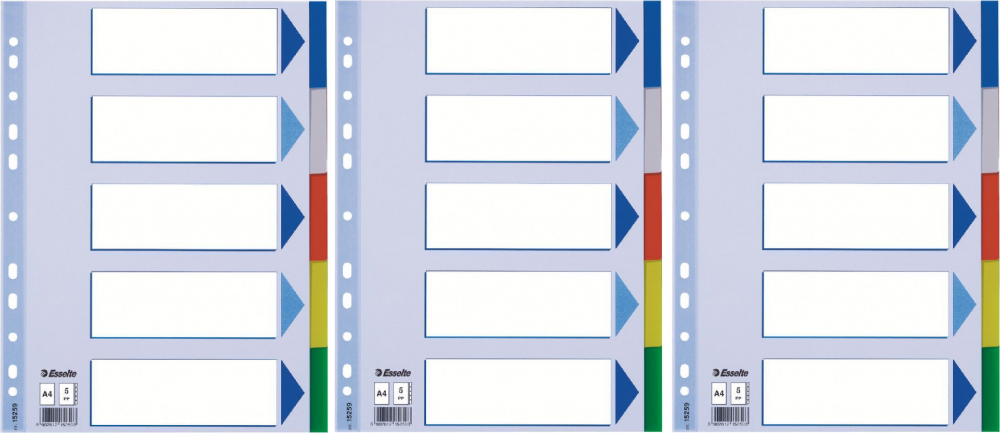 3x Przekładki do segregatora Esselte, plastikowe, 5 kart, mix kolorów