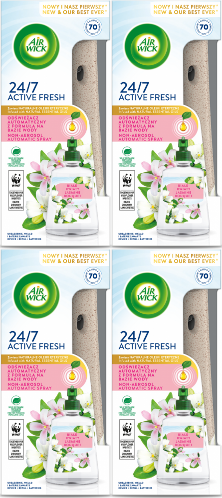 4x Odświeżacz powietrza Air Wick wkład + urządzenie, Active Fresh, białe kwiaty/ jaśmin, 228ml