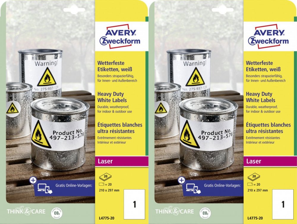 2x Etykiety poliestrowe Avery Zweckform Heavy Duty, wodoodporne, 210x297mm, 20 arkuszy, biały