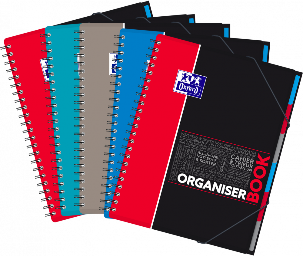 5x Kołonotatnik z przekładkami Oxford Student OrganiserBook, A4+ , w kratkę, 80 kartek, okładka PP, mix wzorów