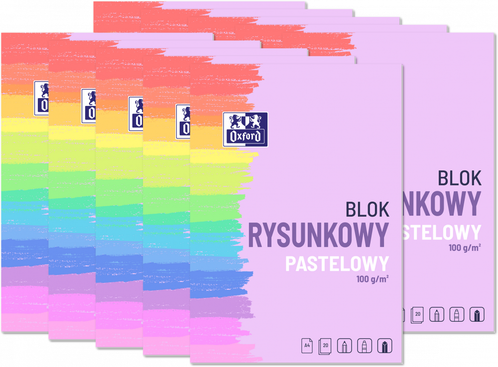 10x Blok rysunkowy pastelowy Oxford, A4, 10 kartek, kolorowy, 100g/m2