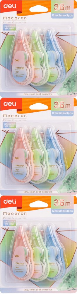 3x Korektor w taśmie Deli Macaron, 5mmx12m, 3 sztuki