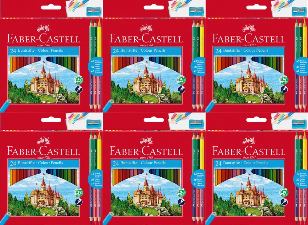 6x Kredki ołówkowe Faber Castell Zamek, 24 sztuki + 3 kredki dwustronne + temperówka, mix kolorów